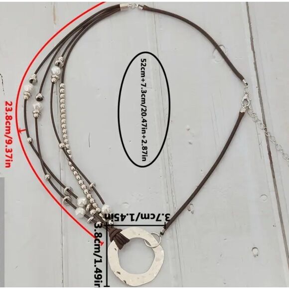 Boho Style Pearl Bead Brown Cord Layered Necklace with Statement Ring Accent - Picture 13 of 16